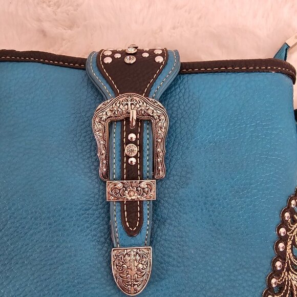 P&G Turquoise Faux Leather Western Bling Rhinestone Crossbody Bag - Picture 3 of 16